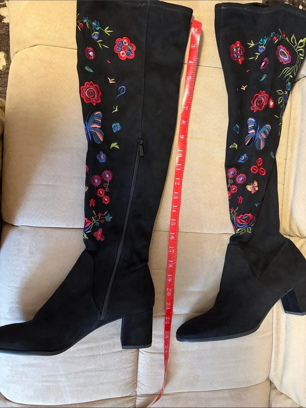 Impo Strech Black Embroidered Knee-High Boots with Block Heel size  9.5